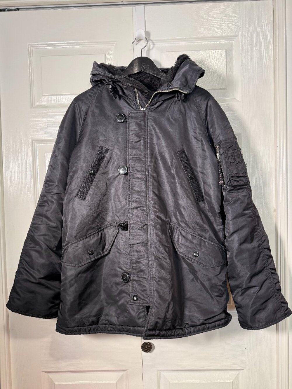 VTG Alpha Industries N-3B Flight Parka Jacket Sherpa Hood Black Men's Medium M
